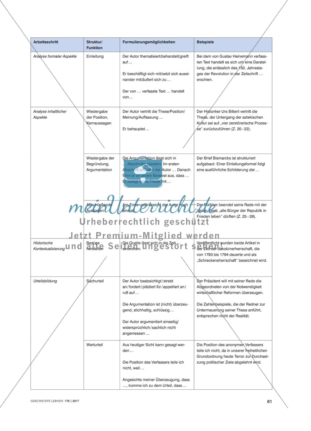 Eine unterstützende Tabelle mit Sprachbausteinen zur Interpretation von Quellen Preview 2