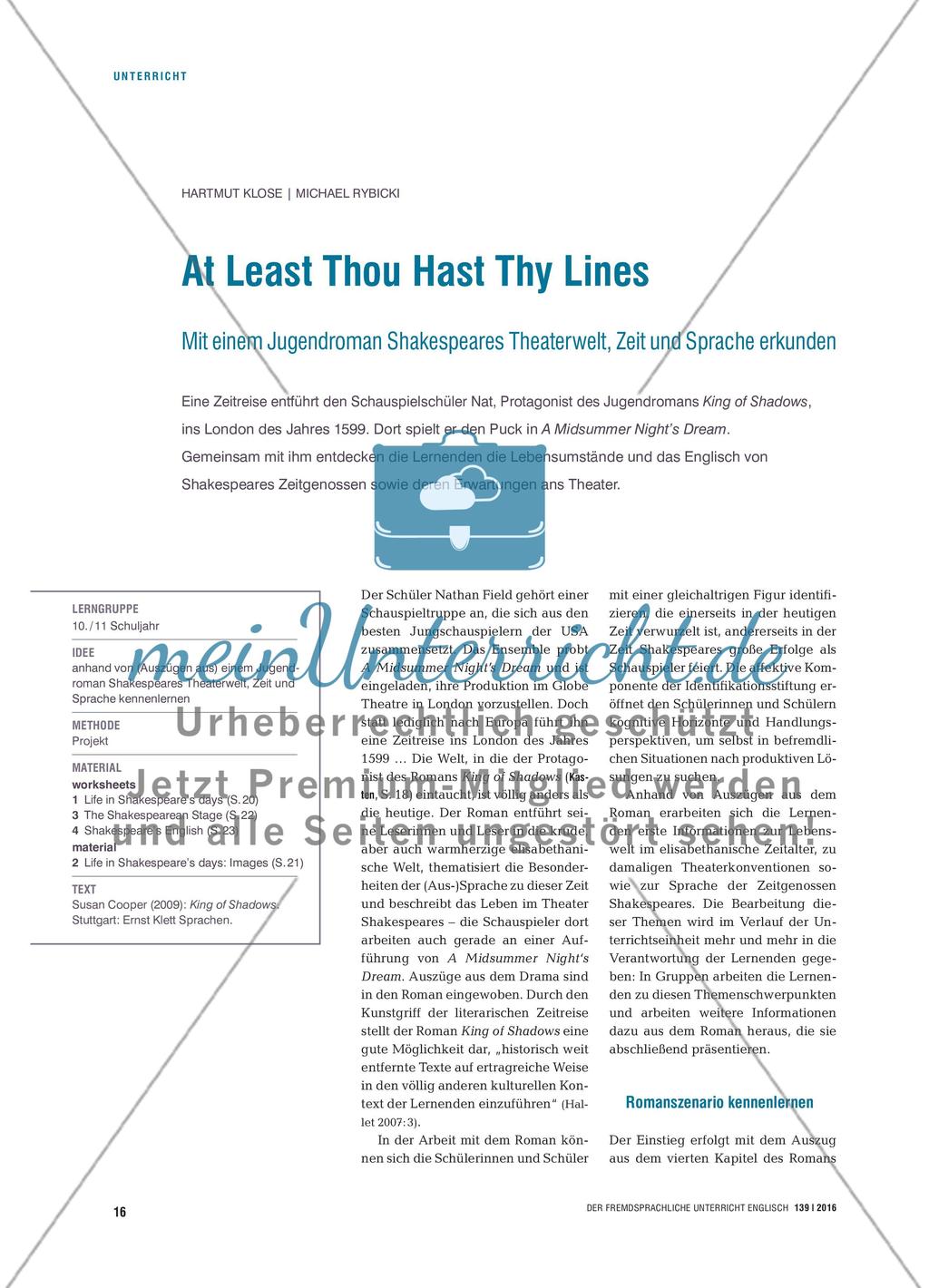 At Least Thou Hast Thy Lines - Mit einem Jugendroman Shakespeares Theaterwelt, Zeit und Sprache erkunden Preview 1