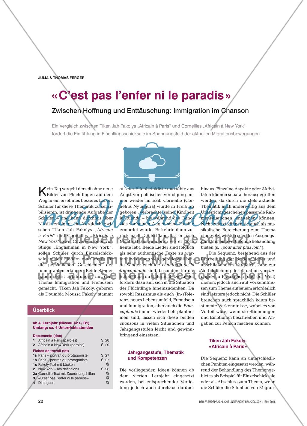 « C’est pas l’enfer ni le paradis » - Zwischen Hoffnung und Enttäuschung: Immigration im Chanson Preview 1