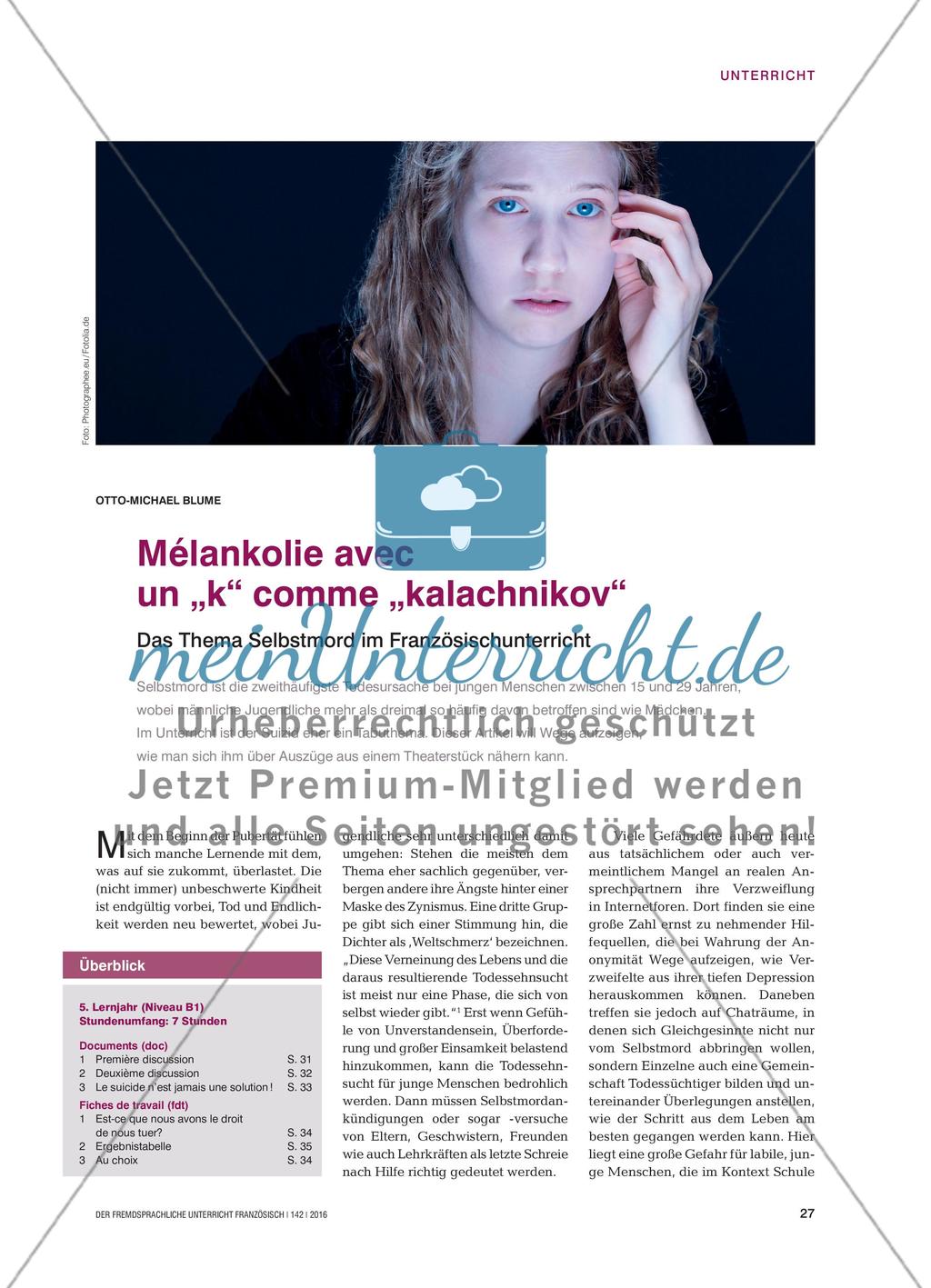 Mélankolie avec un „k“ comme „kalachnikov“ - Das Thema Selbstmord im Französischunterricht Preview 1