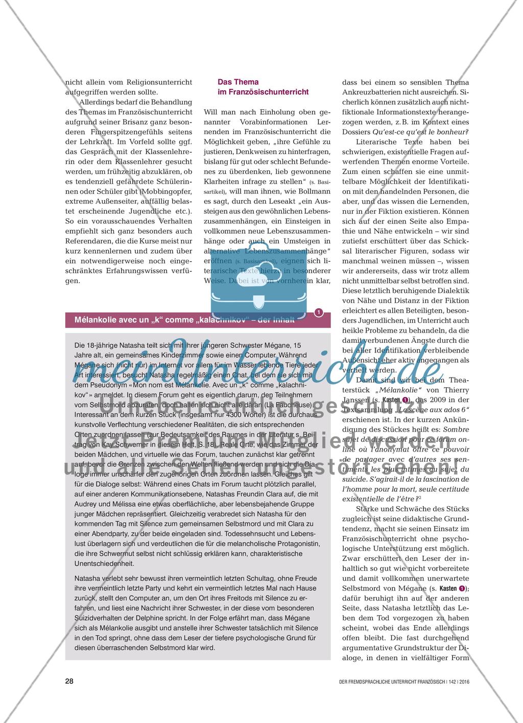 Mélankolie avec un „k“ comme „kalachnikov“ - Das Thema Selbstmord im Französischunterricht Preview 2