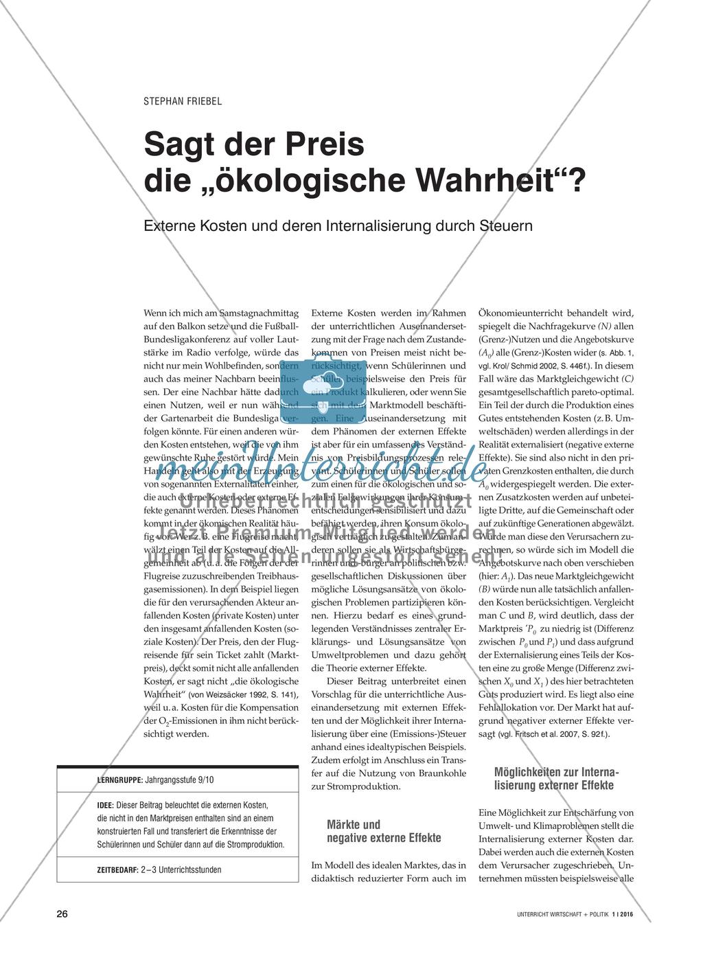 Sagt der Preis die „ökologische Wahrheit“? - Externe Kosten und deren Internalisierung durch Steuern Preview 1