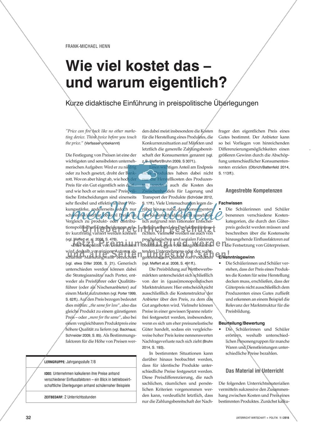 Wie viel kostet das – und warum eigentlich?: Kurze didaktische Einführung in preispolitische Überlegungen Preview 1
