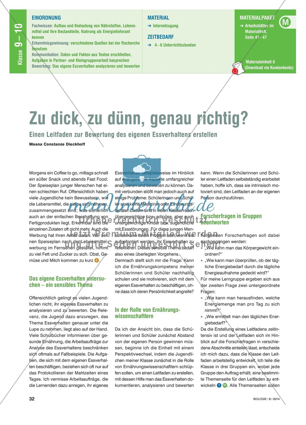 Zu dick, zu dünn, genau richtig? - Einen Leitfaden zur Bewertung des eigenen Essverhaltens erstellen Preview 1