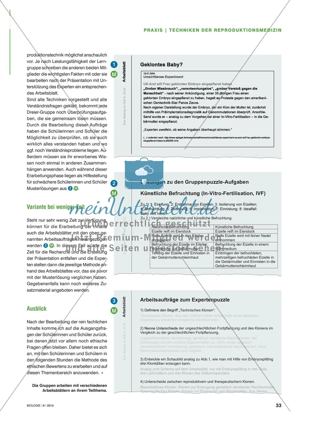 Techniken in der Reproduktionsmedizin - Klonen, IVF und PID im Gruppenpuzzle erarbeiten Preview 2