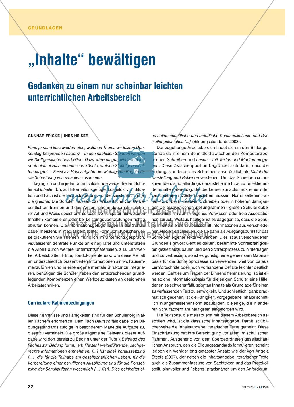 „Inhalte“ bewältigen - Gedanken zu einem nur scheinbar leichten unterrichtlichen Arbeitsbereich Preview 1