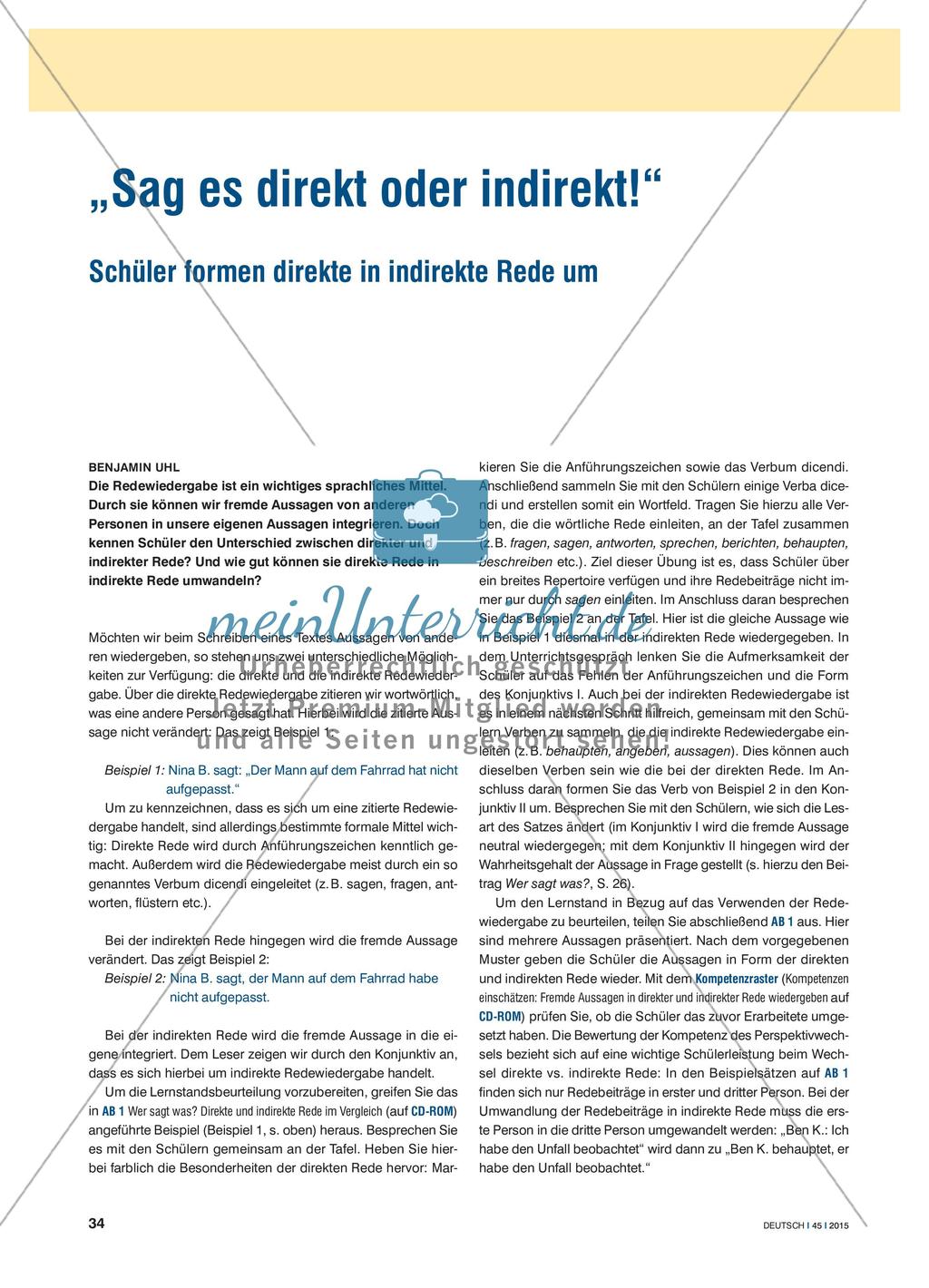 „Sag es direkt oder indirekt!“ - Schüler formen direkte in indirekte Rede um Preview 1