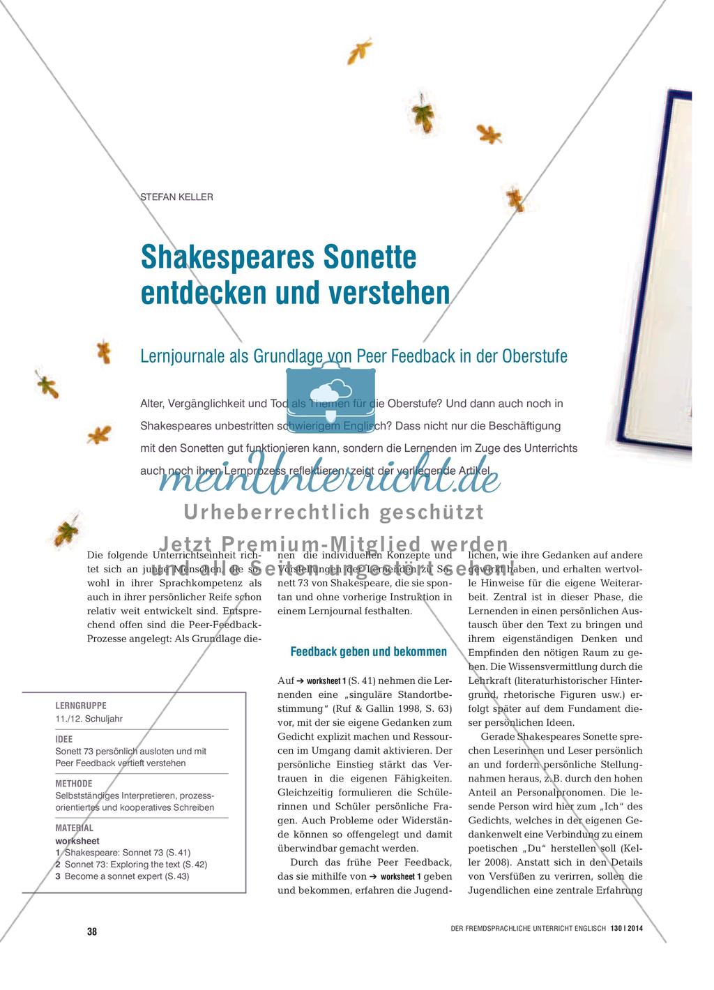 Shakespeares Sonette entdecken und verstehen - Lernjournale als Grundlage von Peer Feedback in der Oberstufe Preview 1