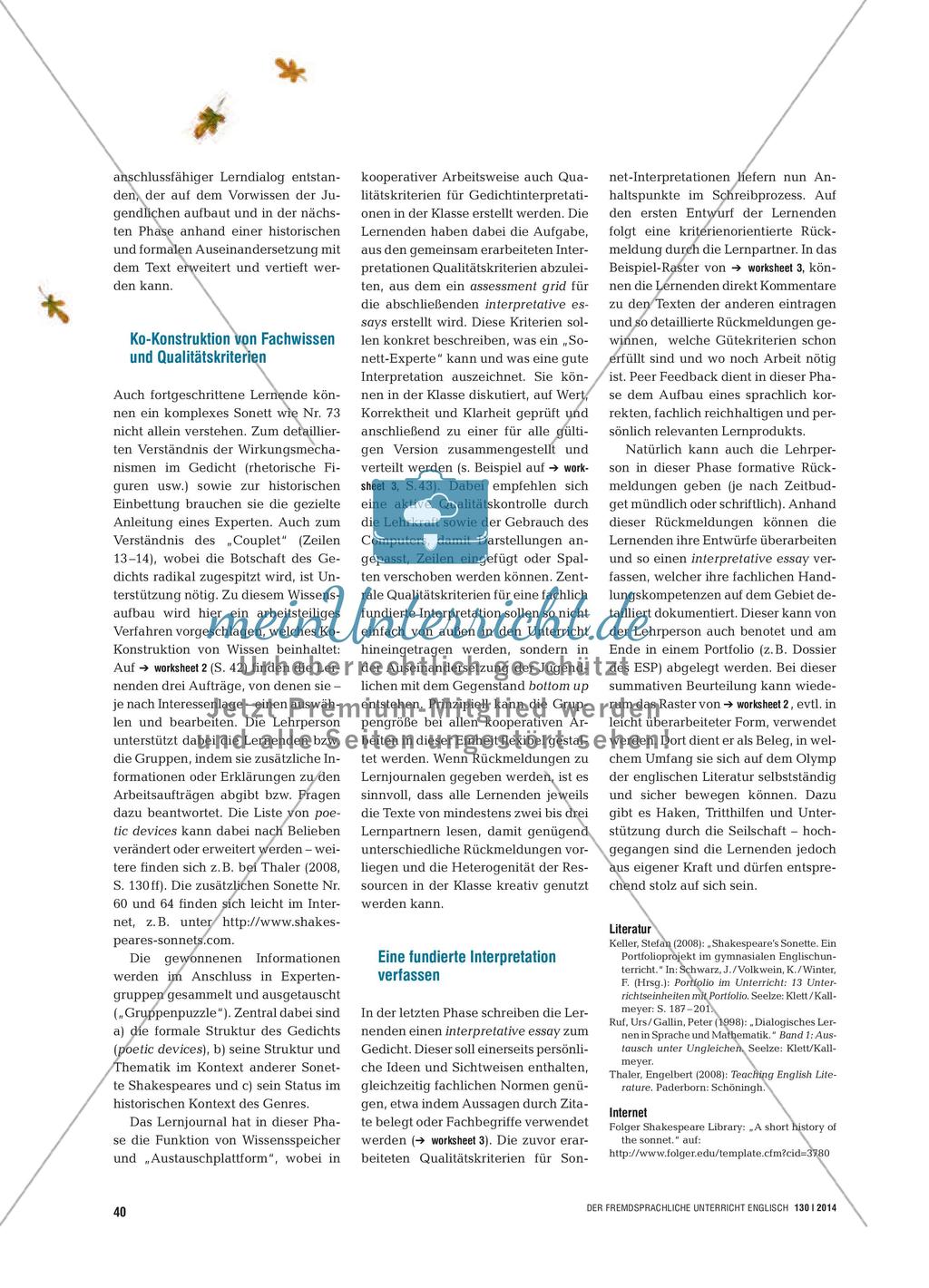 Shakespeares Sonette entdecken und verstehen - Lernjournale als Grundlage von Peer Feedback in der Oberstufe Preview 3