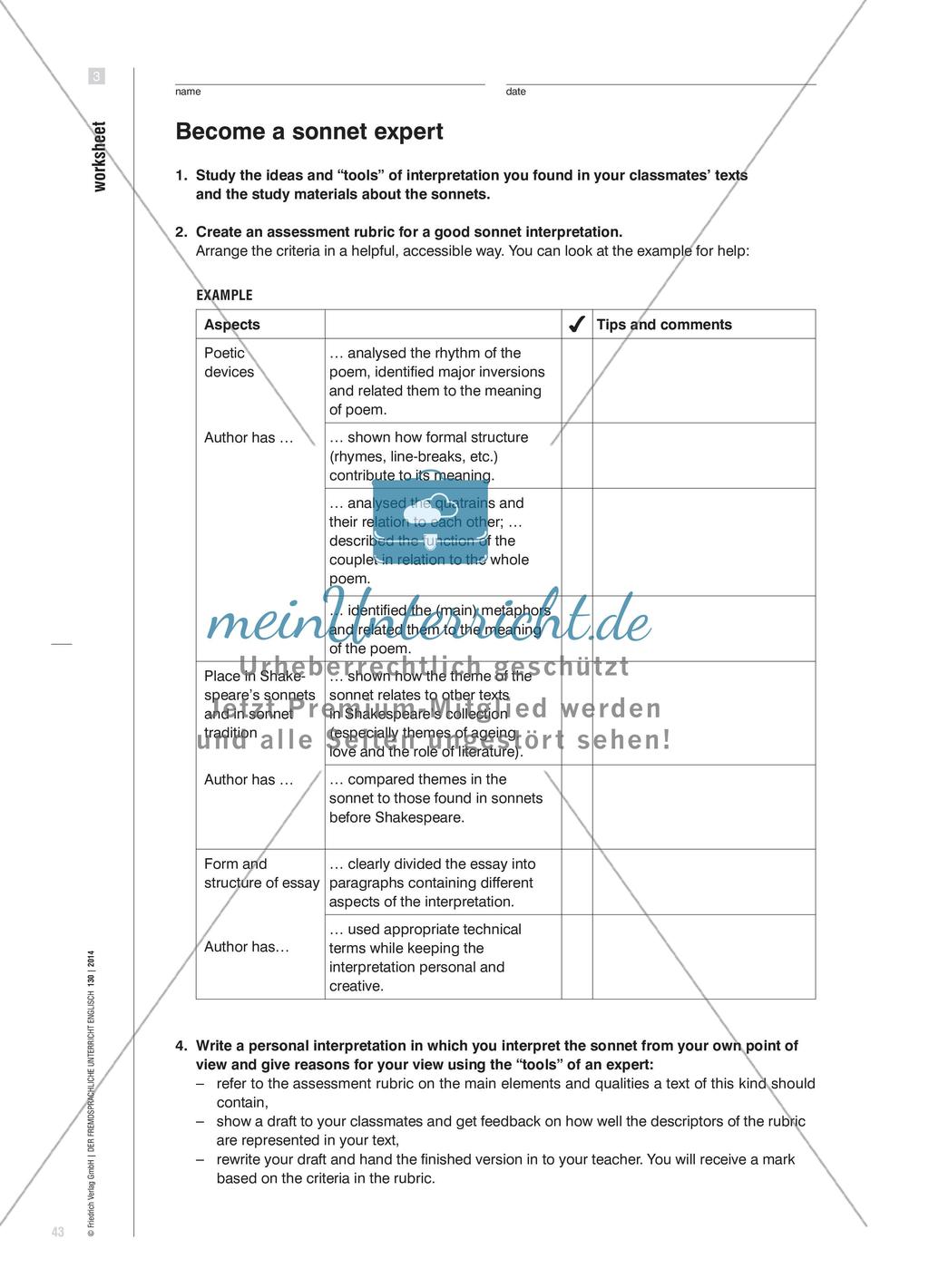 Shakespeares Sonette entdecken und verstehen - Lernjournale als Grundlage von Peer Feedback in der Oberstufe Preview 6