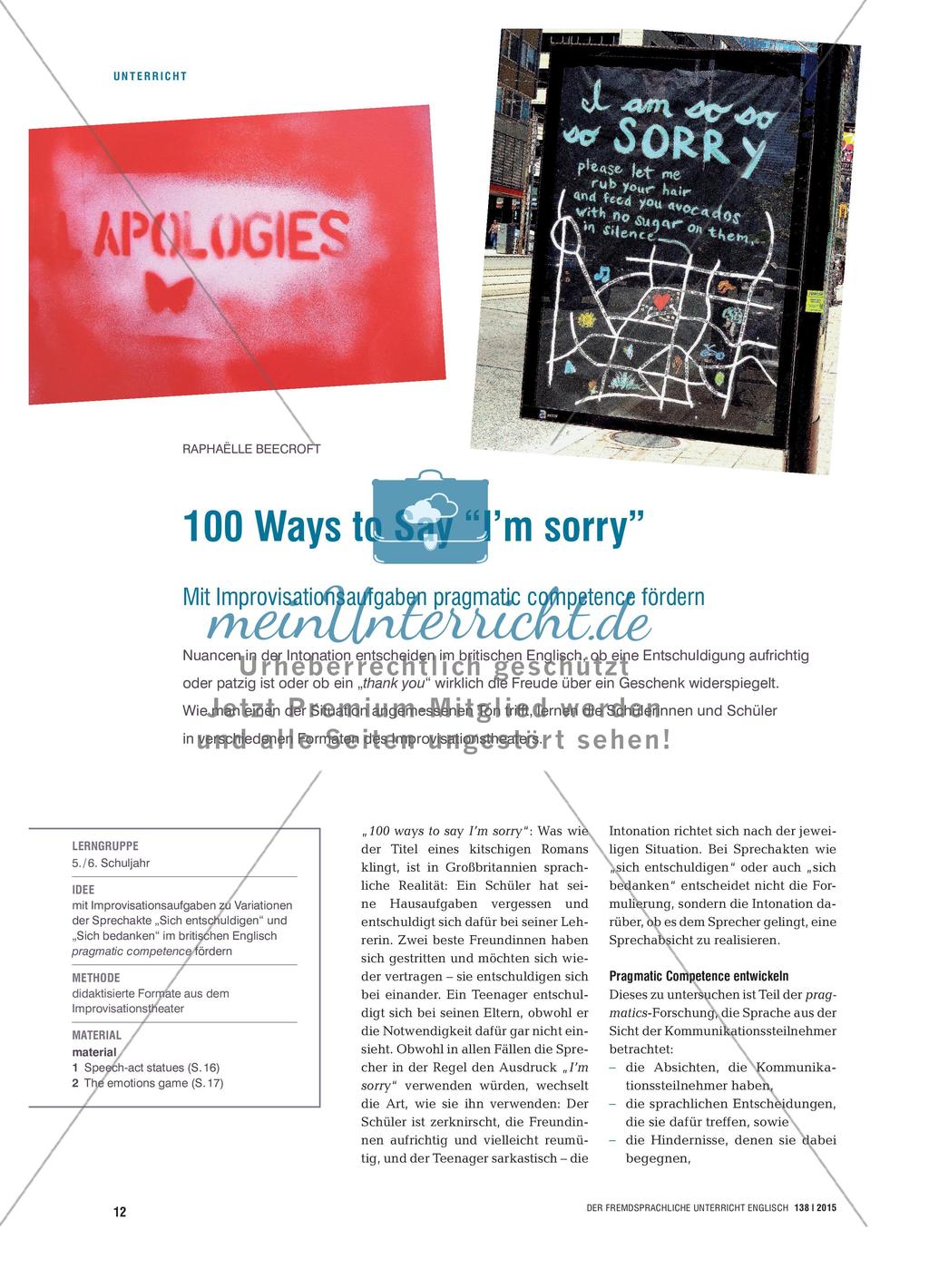 100 Ways to Say “I’m sorry” - Mit Improvisationsaufgaben pragmatic competence fördern Preview 1