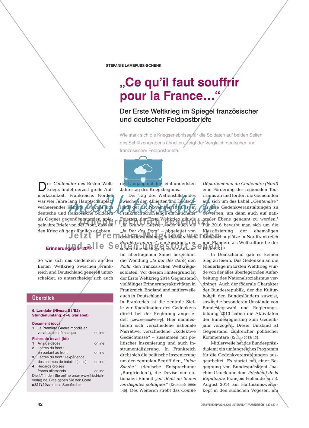 „Ce qu’il faut souffrir pour la France…“ - Der Erste Weltkrieg: Kriegserlebnisse von Soldaten Preview 1