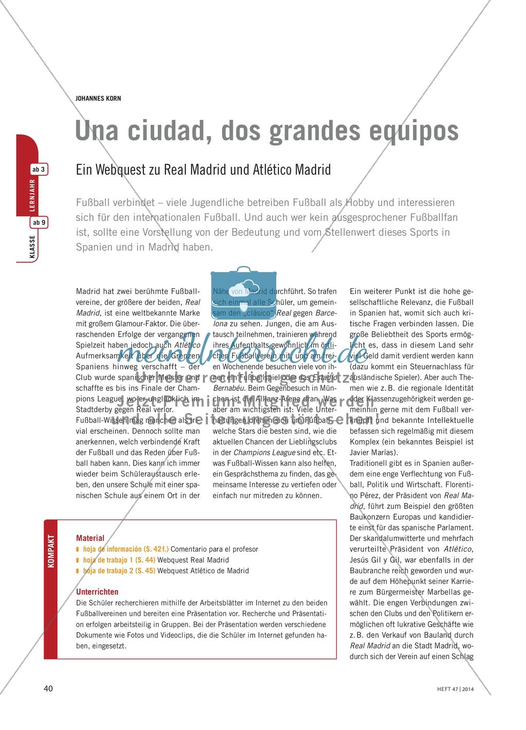 Una ciudad, dos grandes equipos - Ein Webquest zu Real Madrid und Atlético Madrid Preview 1