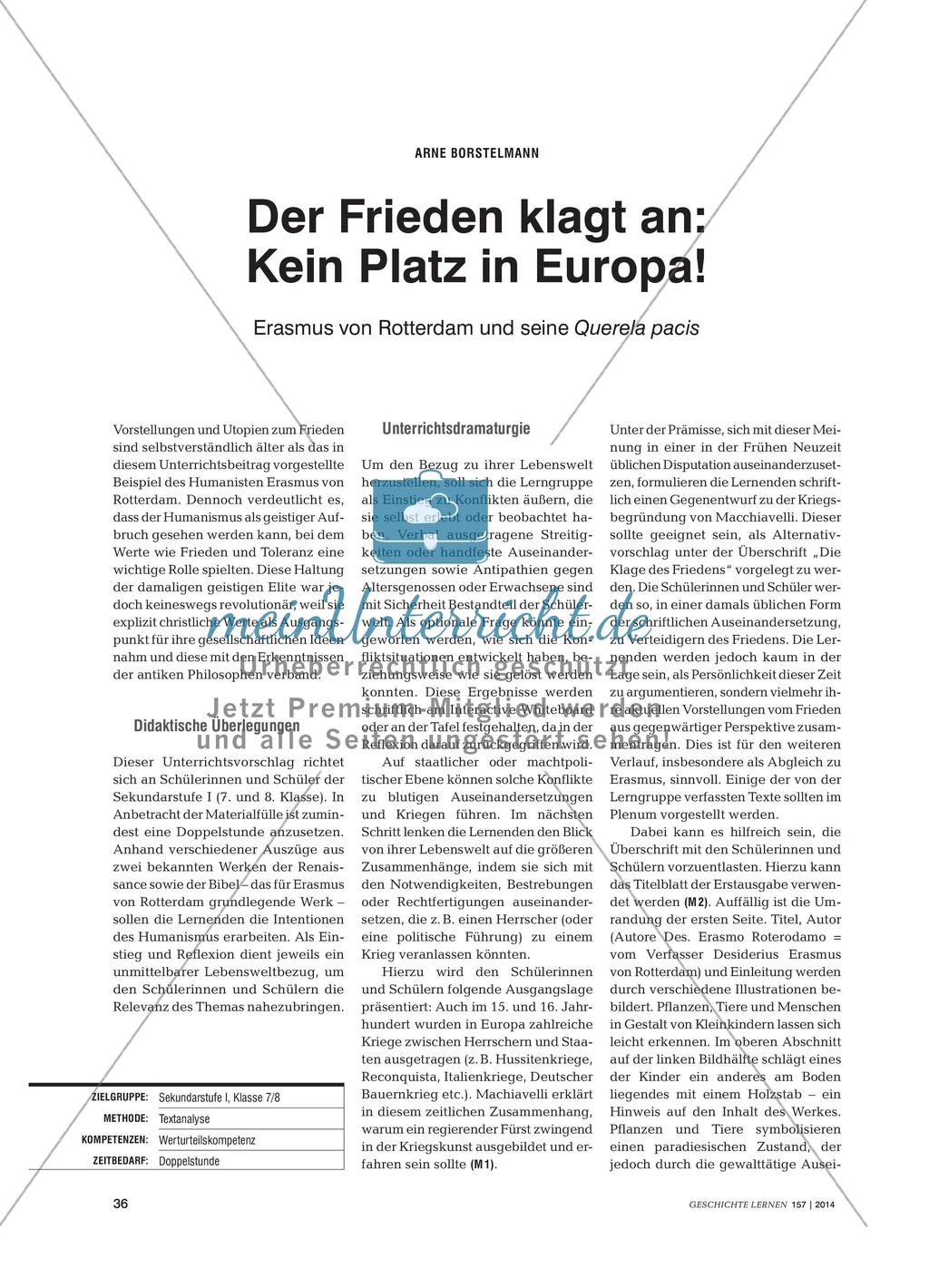 Der Frieden klagt an: Kein Platz in Europa! - Erasmus von Rotterdam und seine Querela pacis Preview 1