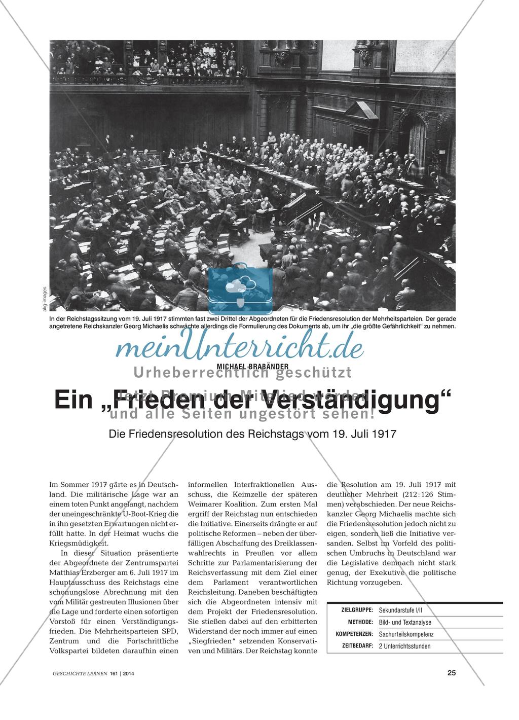 Ein „Frieden der Verständigung“ - Die Friedensresolution des Reichstags vom 19. Juli 1917 Preview 1