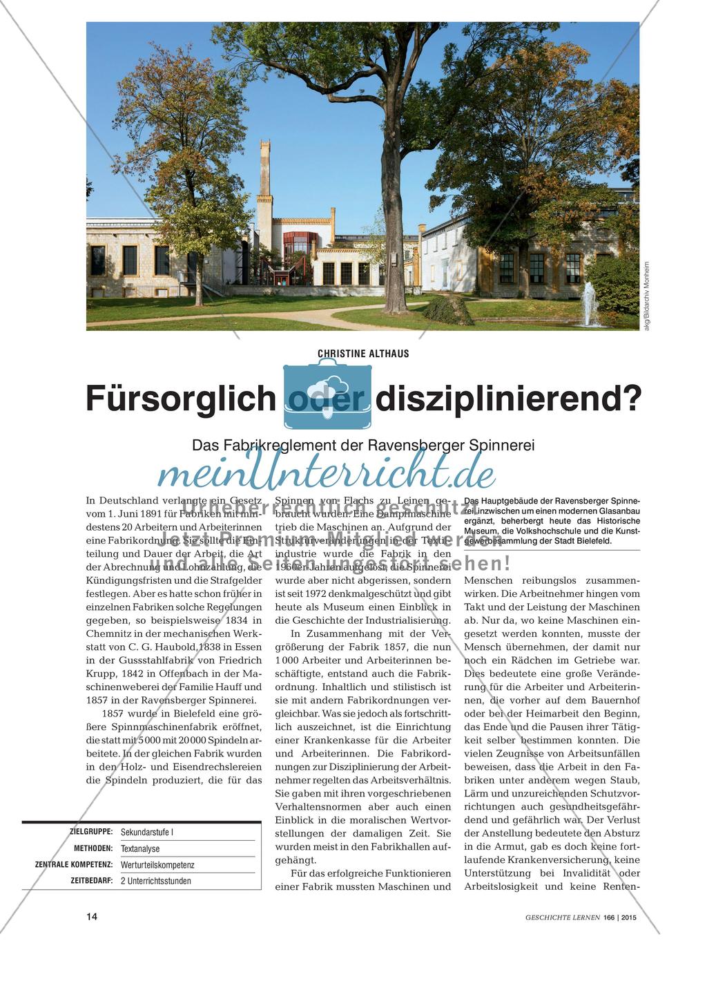 Fürsorglich oder disziplinierend? - Das Fabrikreglement der Ravensberger Spinnerei Preview 1
