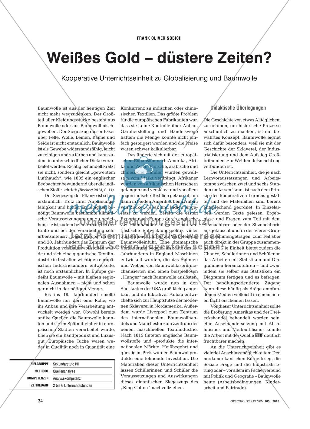 Weißes Gold – düstere Zeiten? - Kooperative Unterrichtseinheit zu Globalisierung und Baumwolle Preview 1