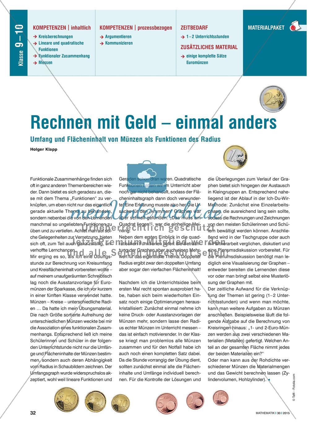 Rechnen mit Geld: Umfang und Flächeninhalt von Münzen als Funktionen des Radius Preview 1