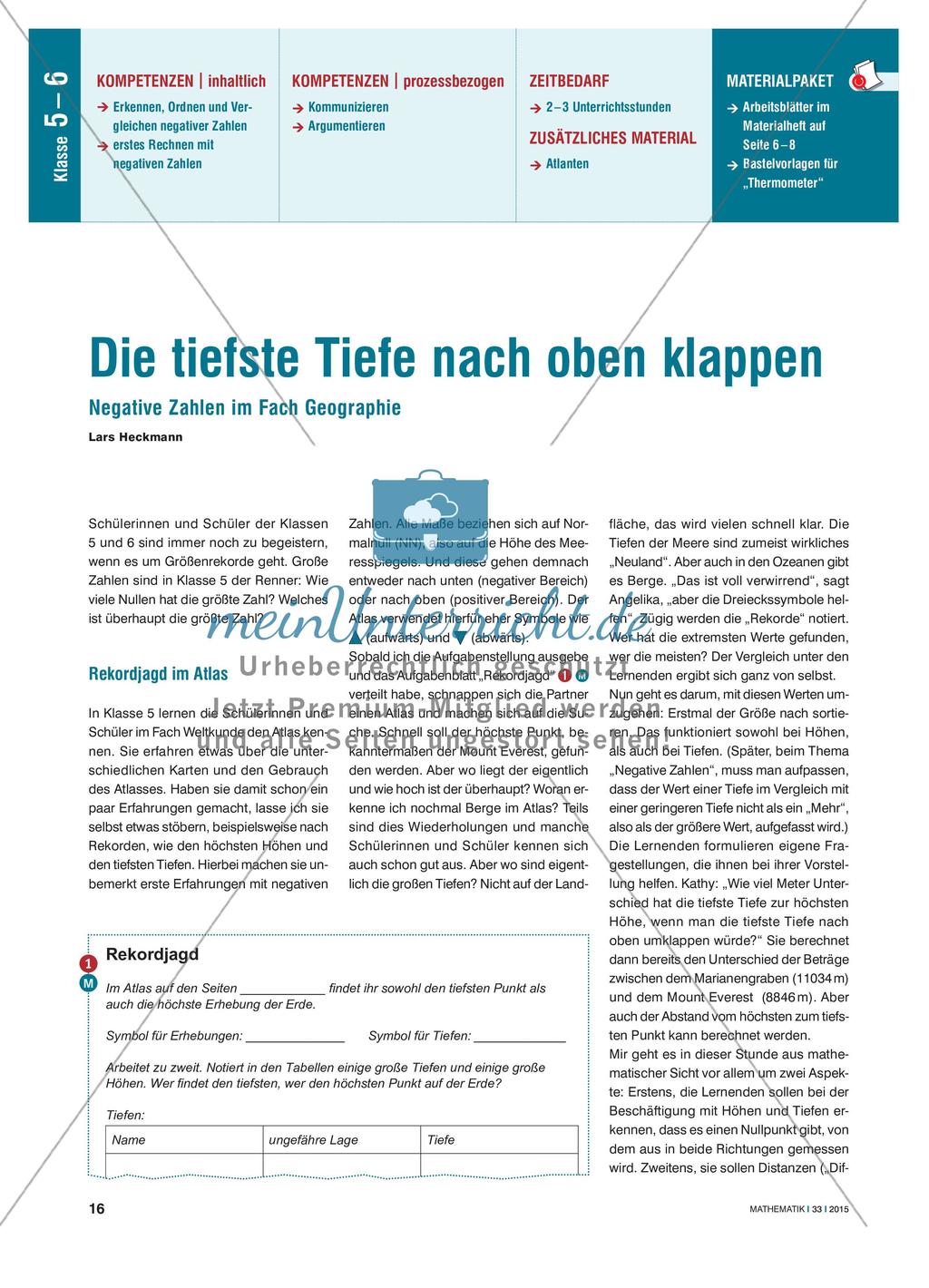 Die tiefste Tiefe nach oben klappen - Negative Zahlen im Fach Geographie Preview 1