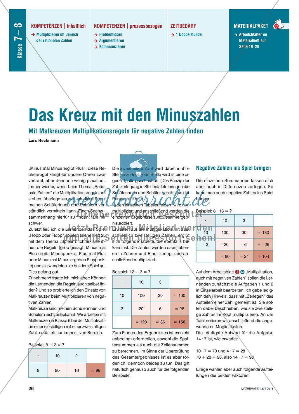 Das Kreuz mit den Minuszahlen - Mit Malkreuzen Multiplikationsregeln für negative Zahlen finden Preview 1
