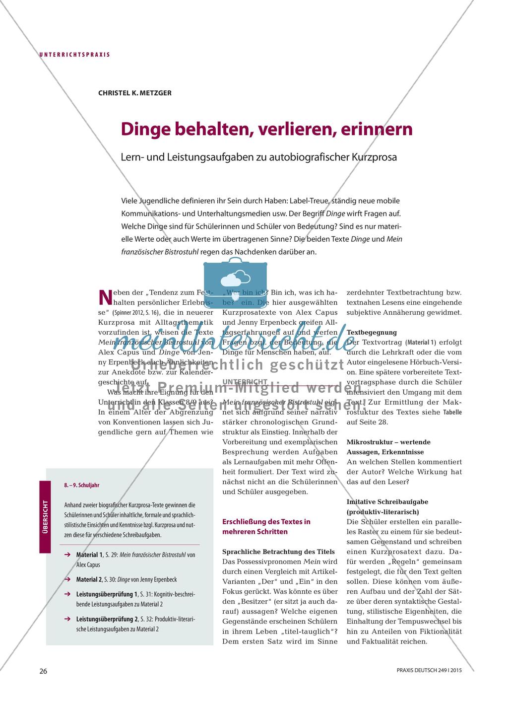 Dinge behalten, verlieren, erinnern - Lern- und Leistungsaufgaben zu autobiografischer Kurzprosa Preview 1