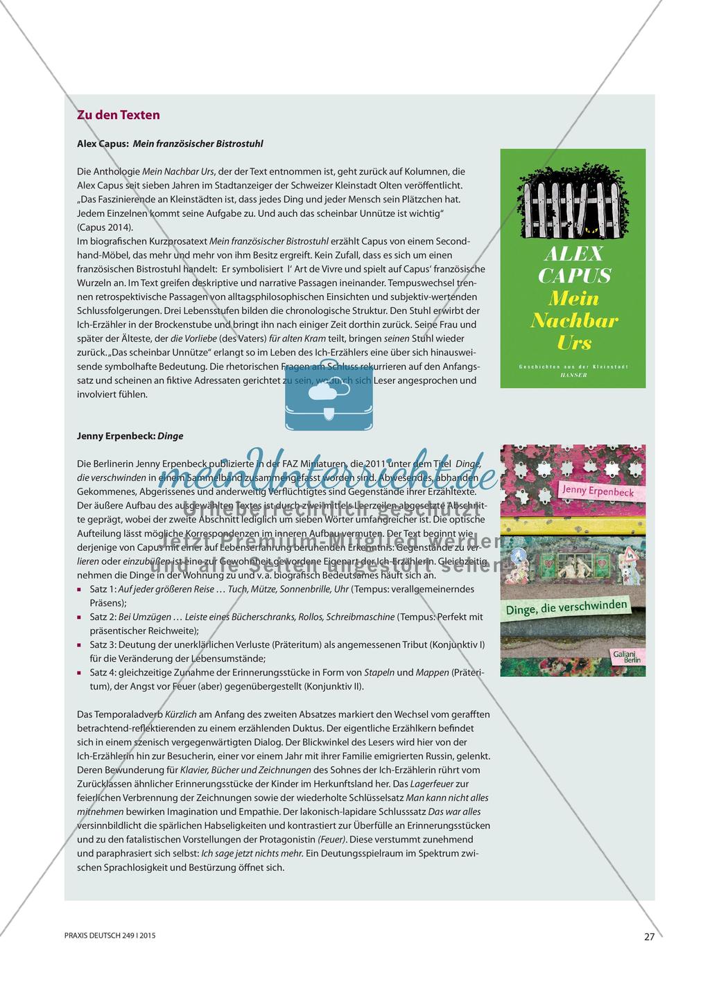 Dinge behalten, verlieren, erinnern - Lern- und Leistungsaufgaben zu autobiografischer Kurzprosa Preview 2
