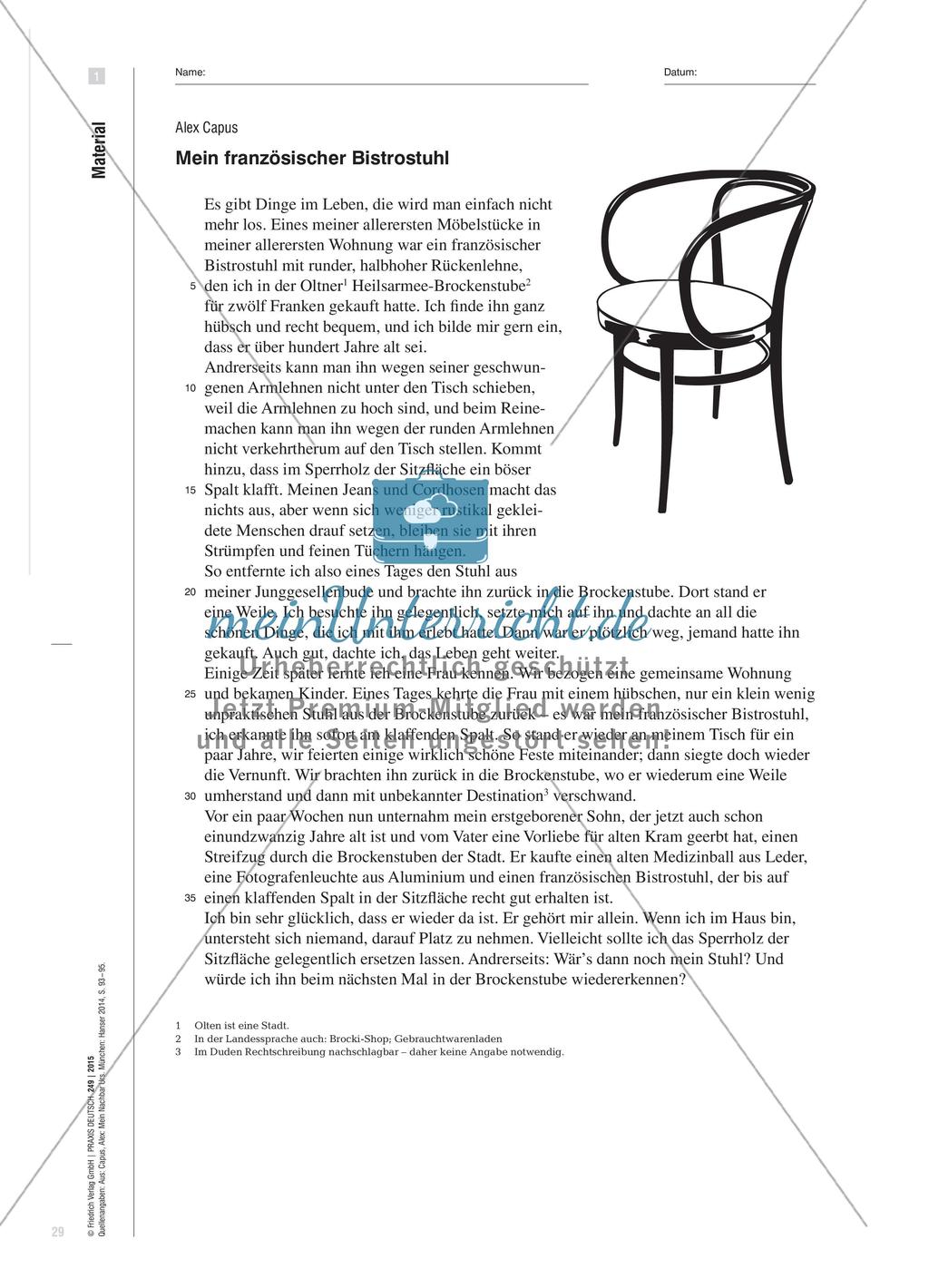 Dinge behalten, verlieren, erinnern - Lern- und Leistungsaufgaben zu autobiografischer Kurzprosa Preview 4