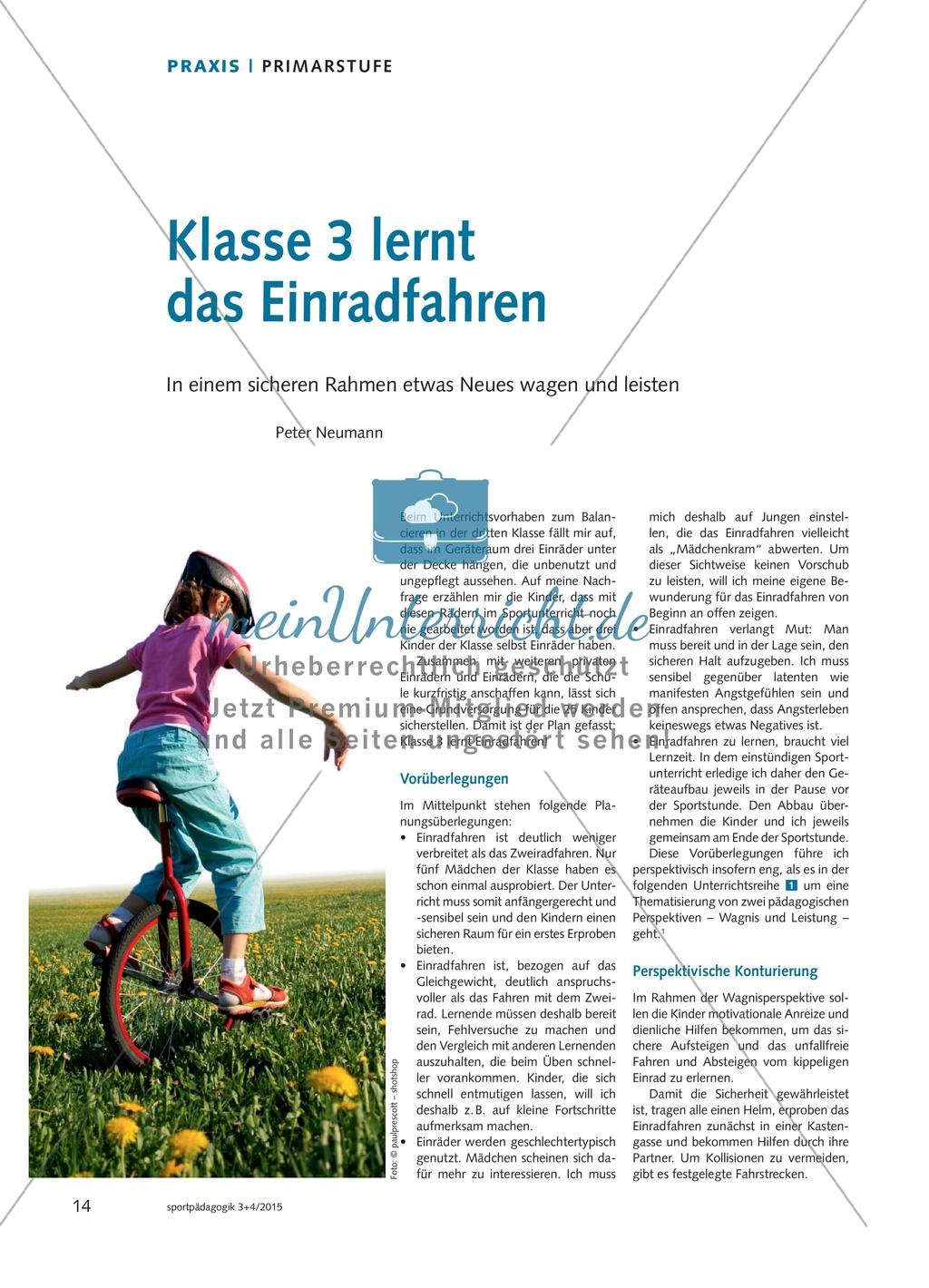 Klasse 3 lernt das Einradfahren - In einem sicheren Rahmen etwas Neues wagen und leisten Preview 1