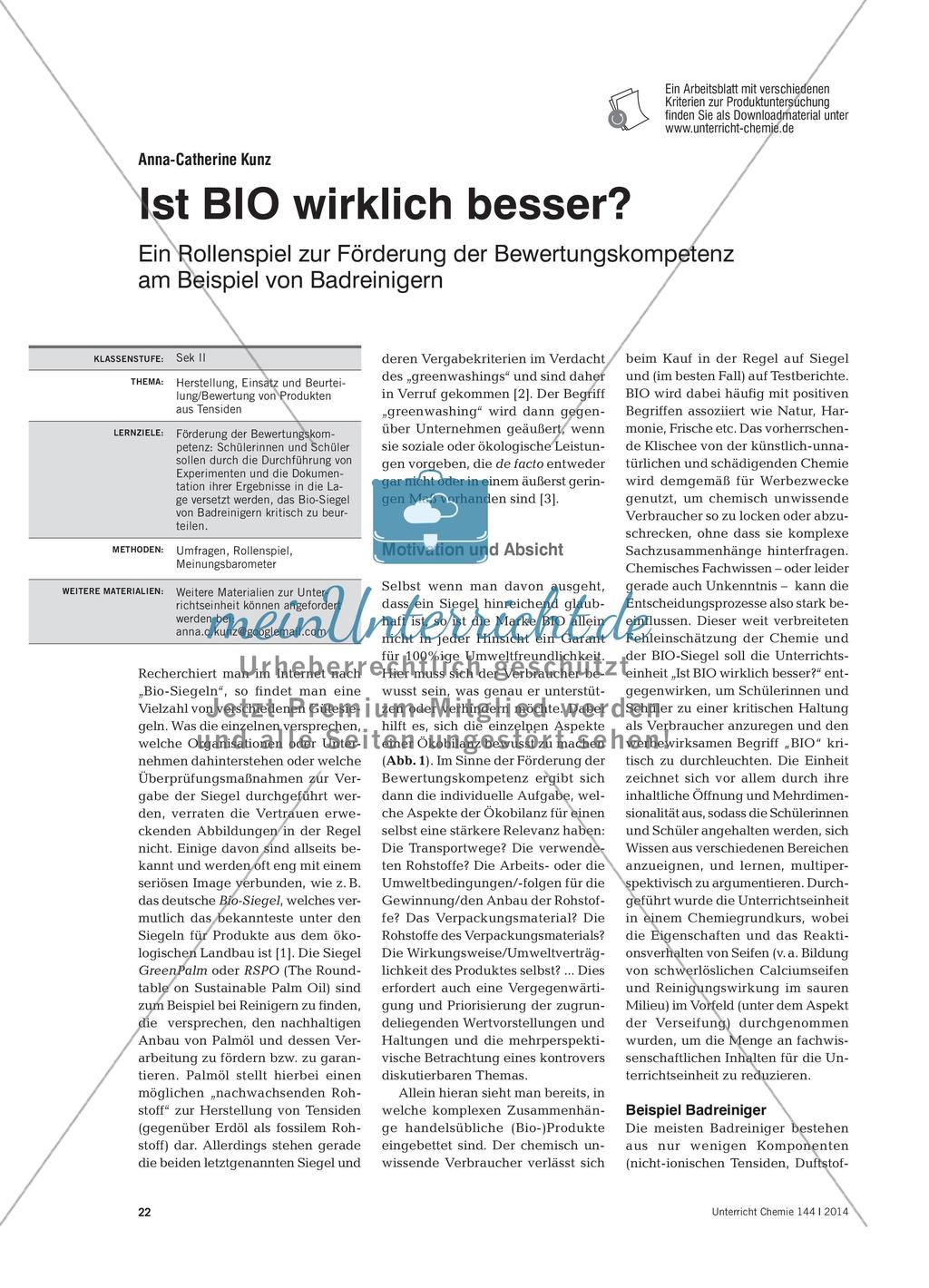 Ist BIO wirklich besser? - Ein Rollenspiel zur Förderung der Bewertungskompetenz am Beispiel von Badreinigern Preview 1