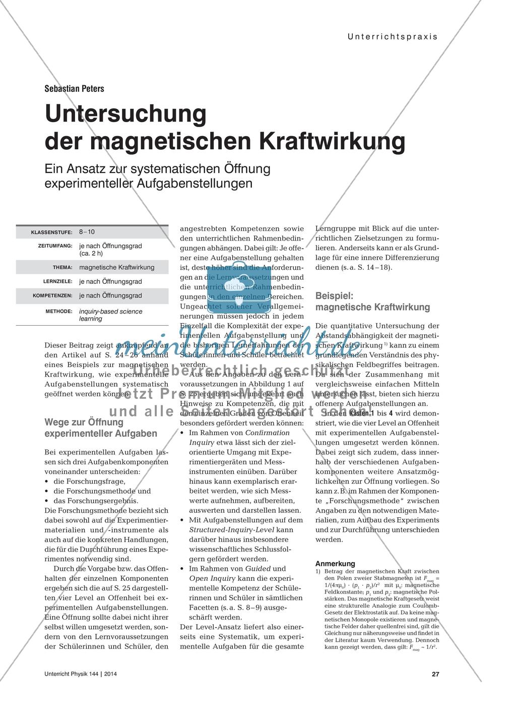Untersuchung der magnetischen Kraftwirkung - Ein Ansatz zur systematischen Öffnung experimenteller Aufgabenstellungen Preview 1