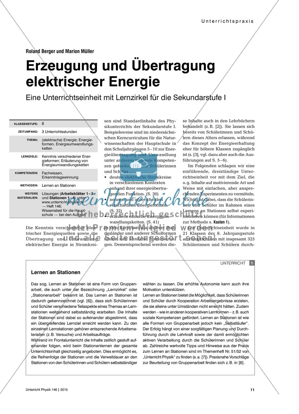 Erzeugung und Übertragung elektrischer Energie - Eine Unterrichtseinheit mit Lernzirkel für die Sekundarstufe I Preview 1