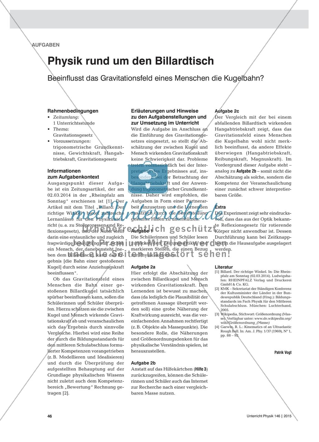 Physik rund um den Billardtisch - Beeinflusst das Gravitationsfeld eines Menschen die Kugelbahn? Preview 1