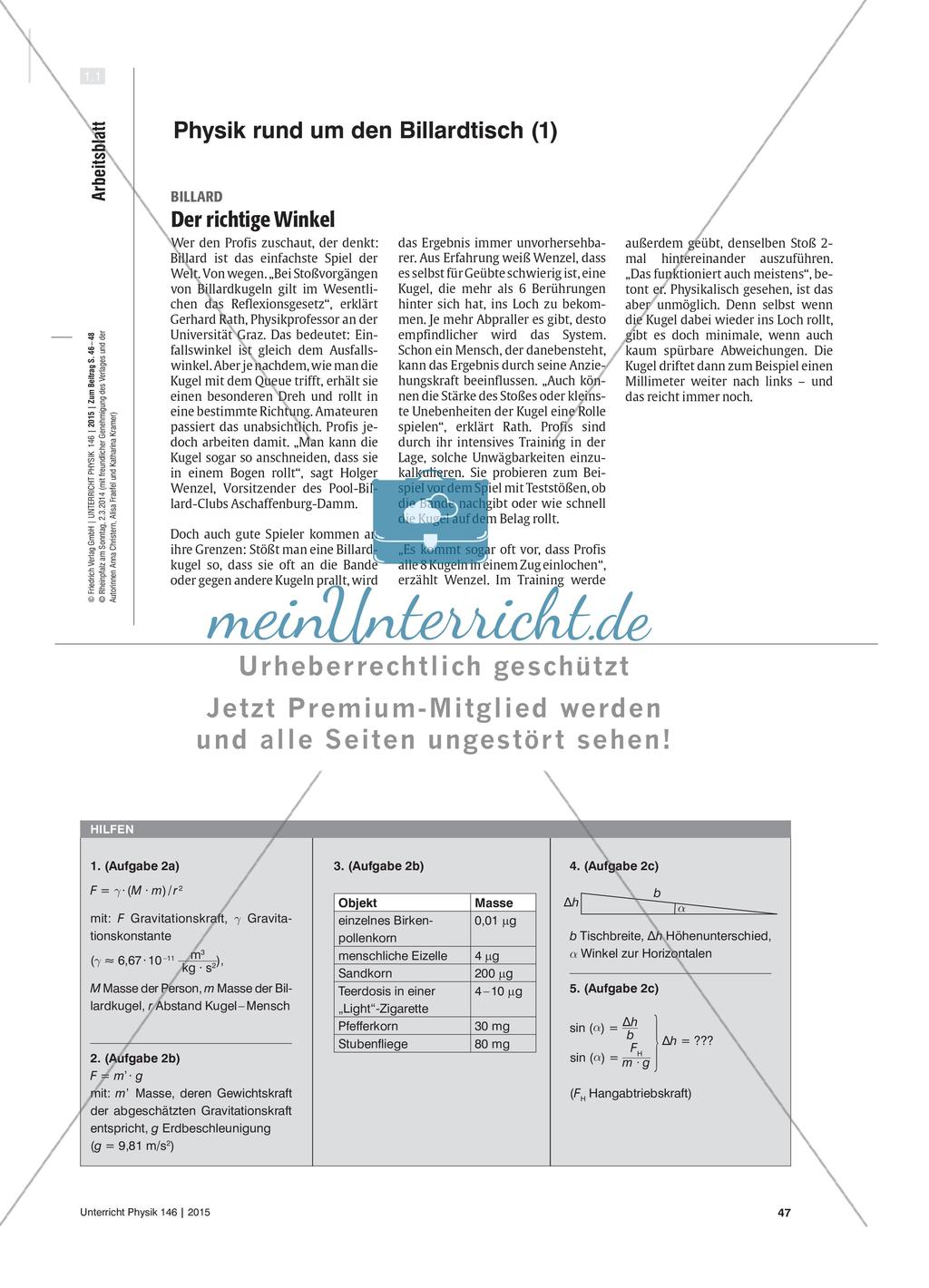 Physik rund um den Billardtisch - Beeinflusst das Gravitationsfeld eines Menschen die Kugelbahn? Preview 2