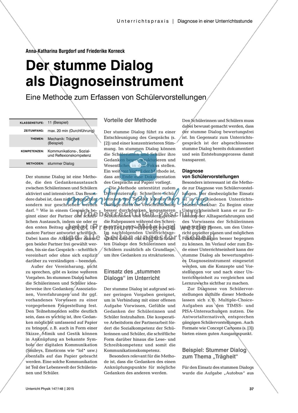 Der stumme Dialog als Diagnoseinstrument - Eine Methode zum Erfassen von Schülervorstellungen Preview 1