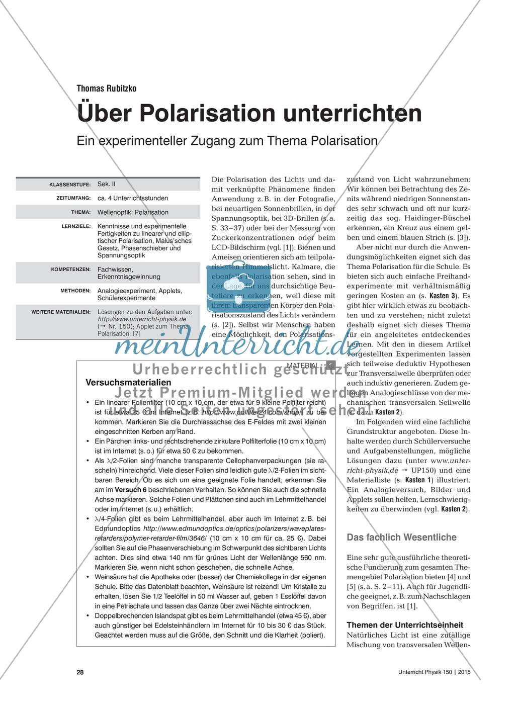 Über Polarisation unterrichten - Ein experimenteller Zugang zum Thema Polarisation Preview 1