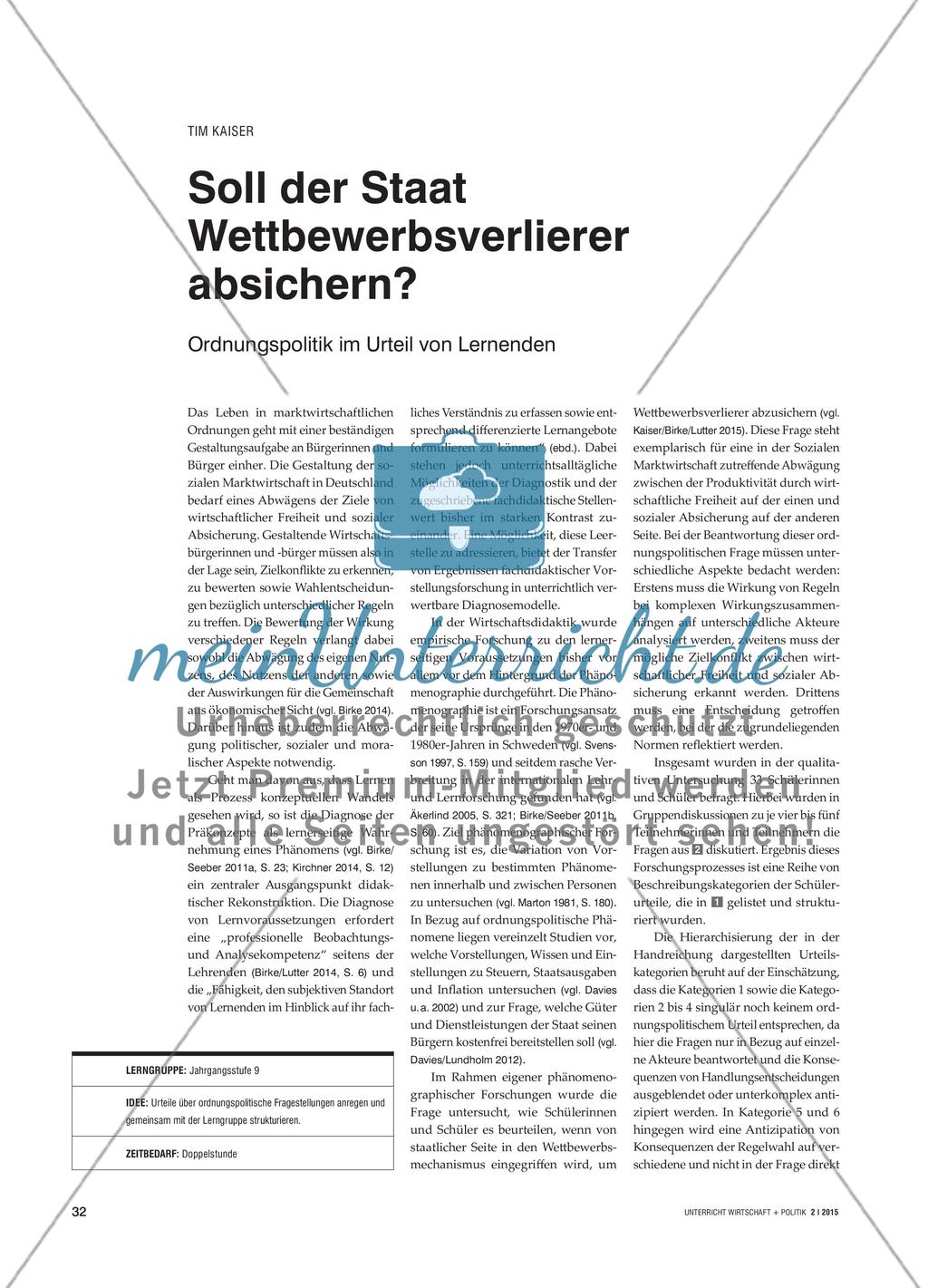 Soll der Staat Wettbewerbsverlierer absichern? - Ordnungspolitik im Urteil von Lernenden Preview 1