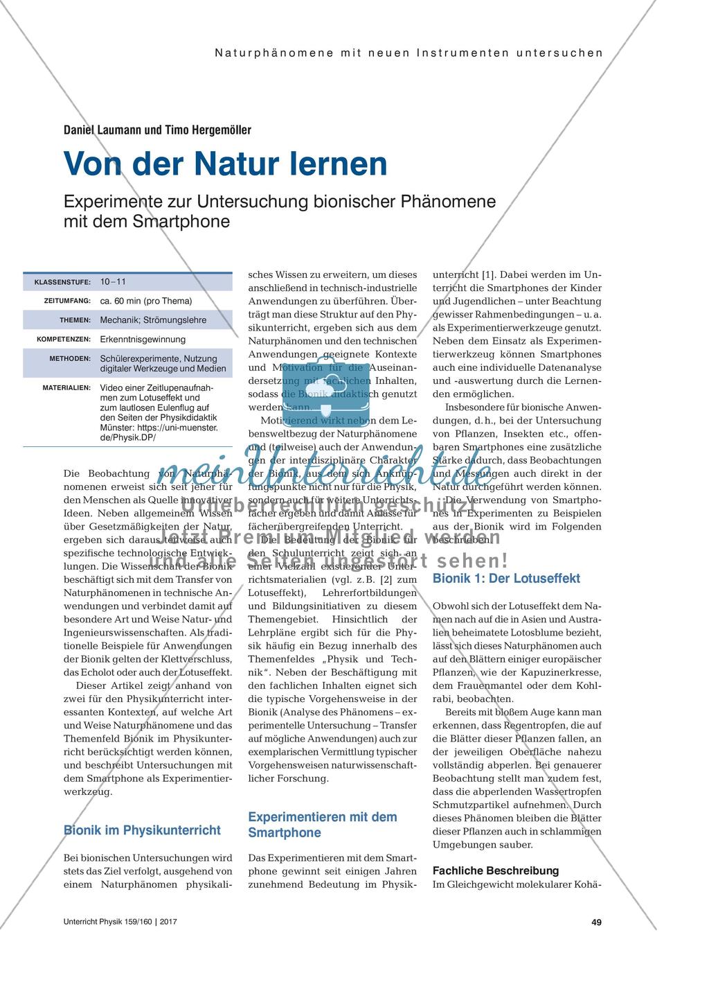 Von der Natur lernen - Experimente zur Untersuchung bionischer Phänomene mit dem Smartphone Preview 1