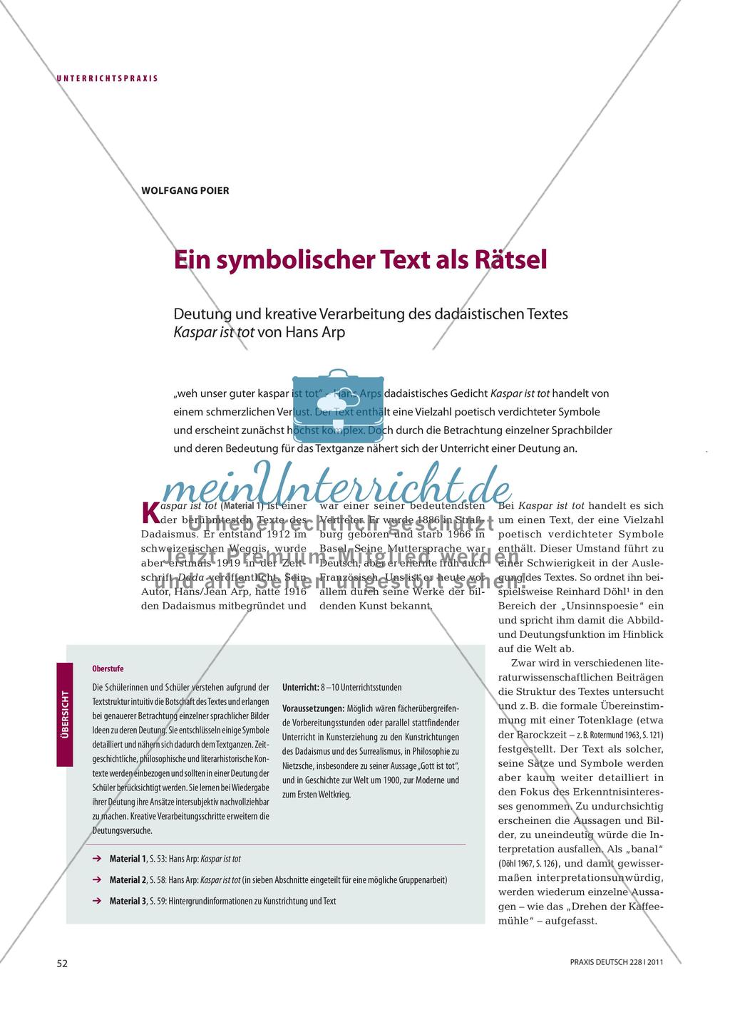 Ein symbolischer Text als Rätsel - Deutung und kreative Verarbeitung des dadaistischen Textes Kaspar ist tot von Hans Arp Preview 1