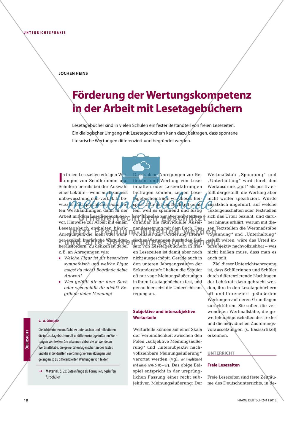 Förderung der Wertungskompetenz in der Arbeit mit Lesetagebüchern Preview 1