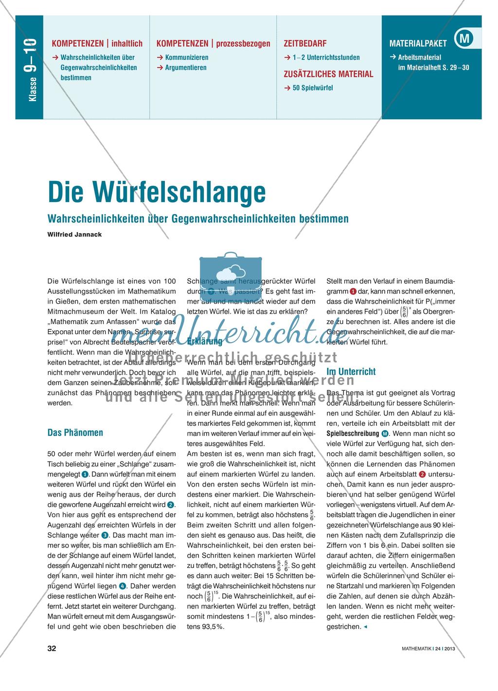 Die Würfelschlange - Bestimmung von Wahrscheinlichkeiten über Gegenwahrscheinlichkeiten Preview 1