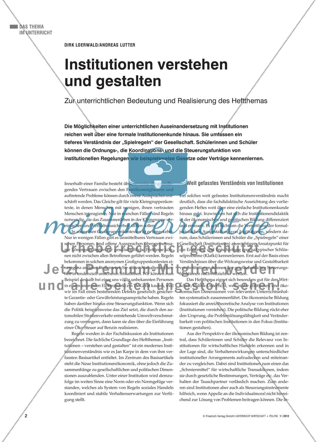 Institutionen verstehen und gestalten - Zur unterrichtlichen Bedeutung und Realisierung des Heftthemas Preview 1
