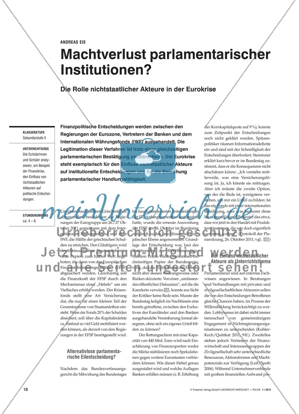Machtverlust parlamentarischer Institutionen? - Die Rolle nichtstaatlicher Akteure in der Eurokrise Preview 1