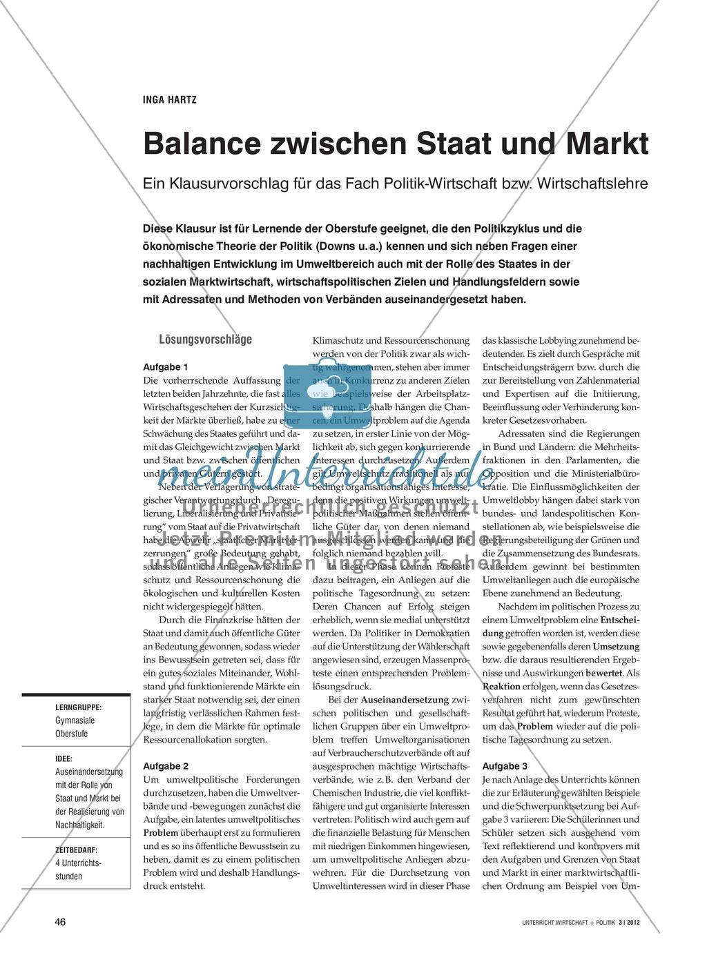 Staat und Markt in einer nachhaltigen Entwicklung: Ein Klausurvorschlag für das Fach Politik-Wirtschaft bzw. Wirtschaftslehre Preview 1