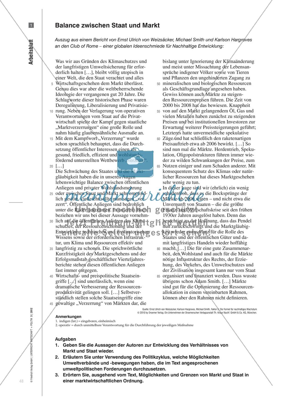 Staat und Markt in einer nachhaltigen Entwicklung: Ein Klausurvorschlag für das Fach Politik-Wirtschaft bzw. Wirtschaftslehre Preview 3