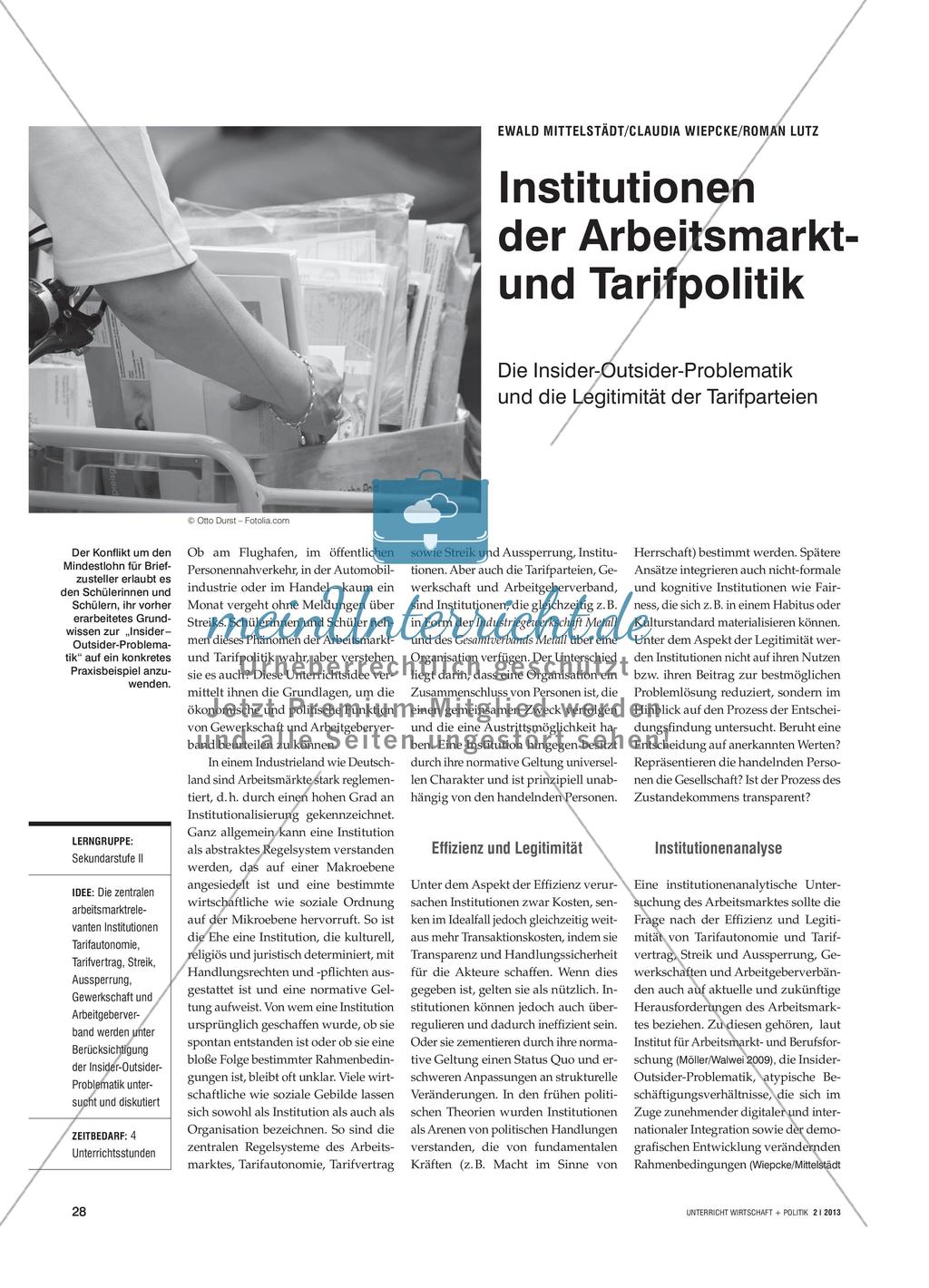 Institutionen der Arbeitsmarkt- und Tarifpolitik - Die Insider-Outsider-Problematik und die Legitimität der Tarifparteien Preview 1