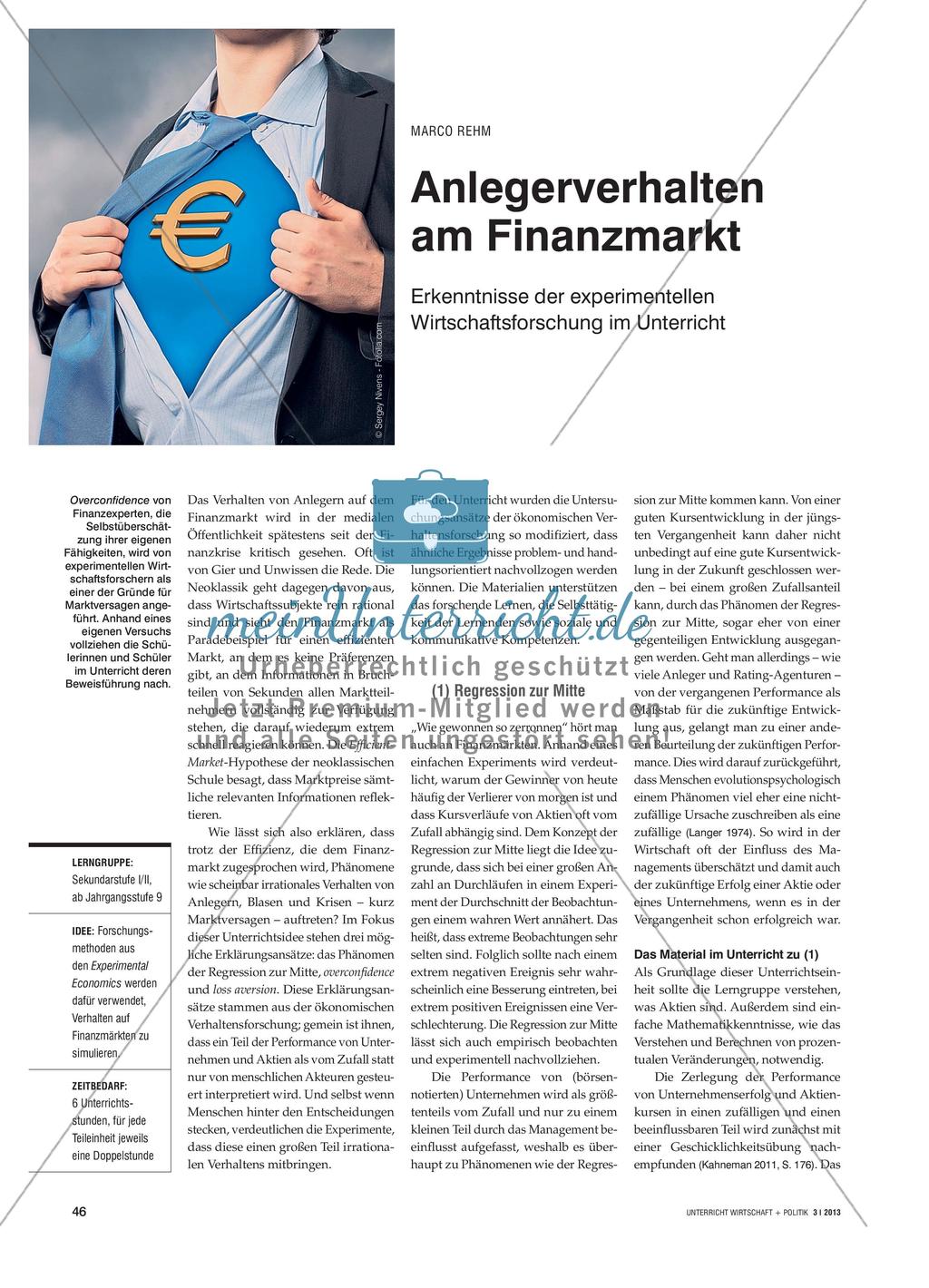 Anlegerverhalten am Finanzmarkt - Erkenntnisse der experimentellen Wirtschaftsforschung im Unterricht Preview 1
