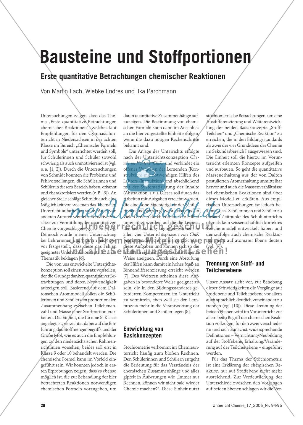 Bausteine und Stoffportionen - Erste quantitative Betrachtungen chemischer Reaktionen Preview 1