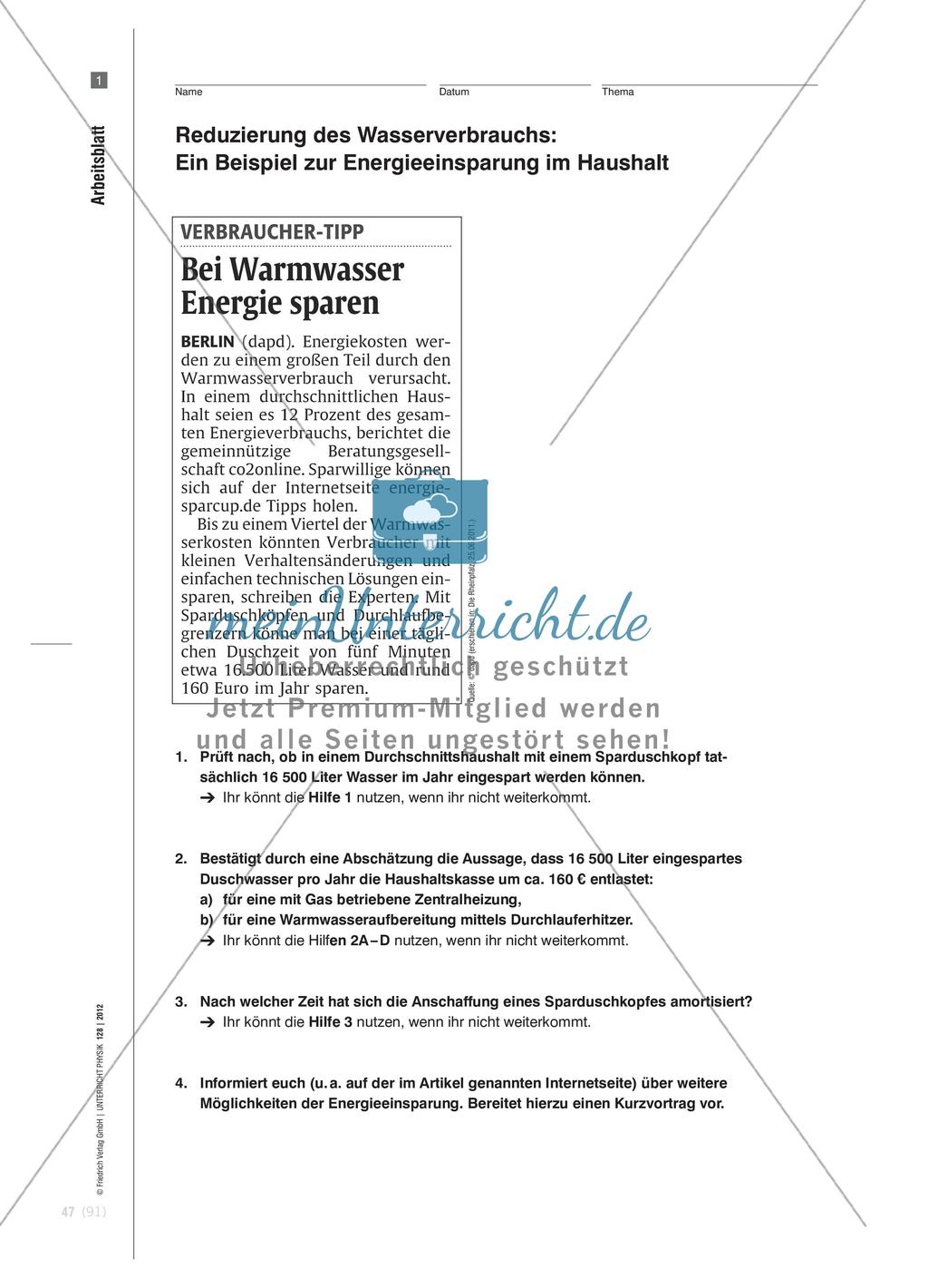 Reduzierung des Wasserverbrauchs - Ein Beispiel zur Energieeinsparung im Haushalt Preview 2