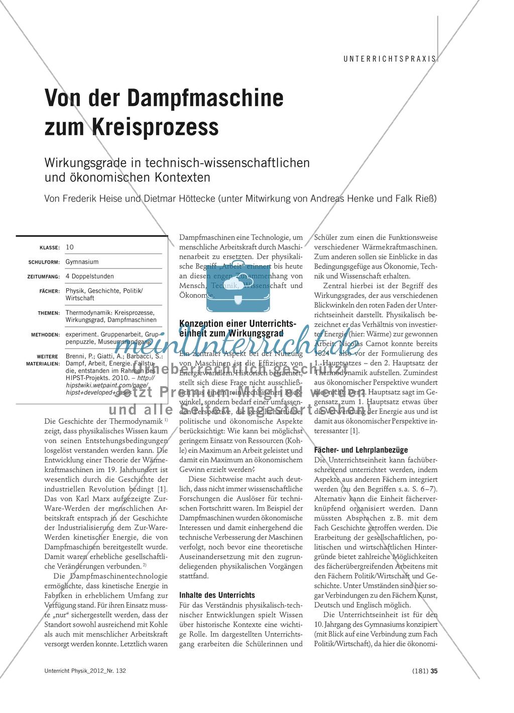 Von der Dampfmaschine zum Kreisprozess - Wirkungsgrade in technisch-wissenschaftlichen und ökonomischen Kontexten Preview 1