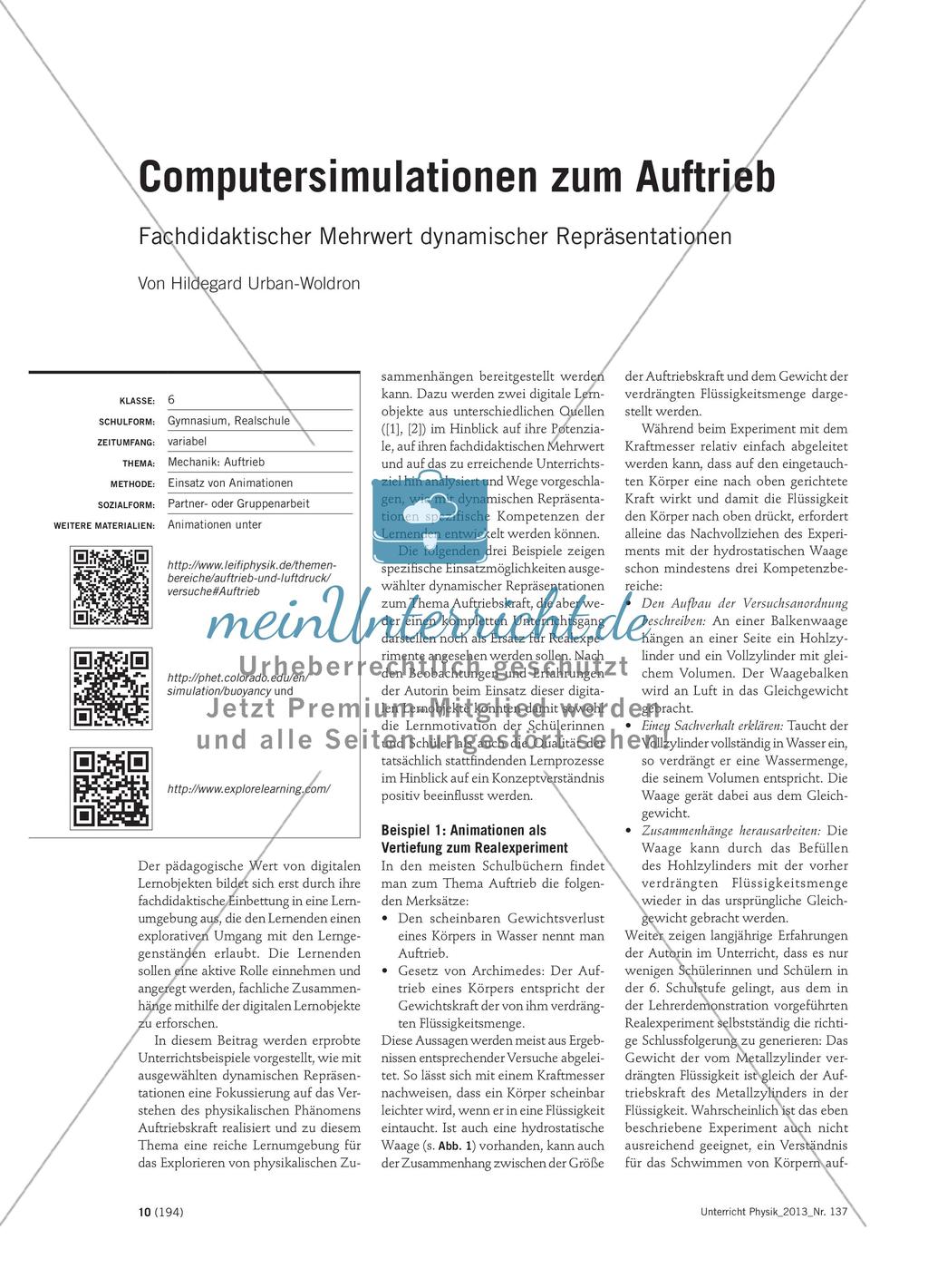 Computersimulationen zum Auftrieb - Fachdidaktischer Mehrwert dynamischer Repräsentationen Preview 1